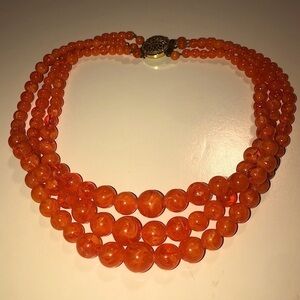 VTG Orange Swirled Lucite Round Graduated Bead Multi Strand Necklace 18”